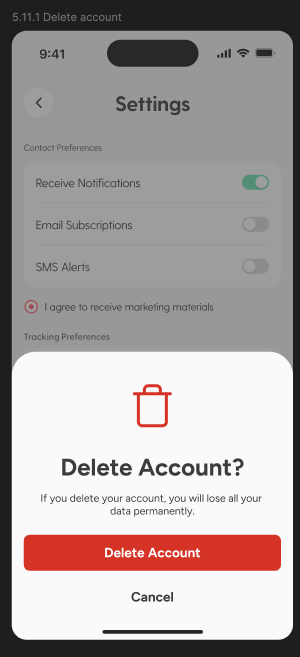 Delete account screen